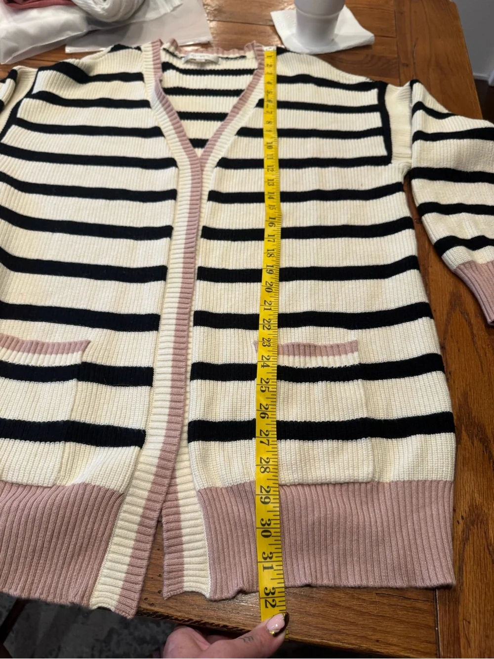 Anthropologie Size XL Striped Knit Cardigan, Crop Top & Shorts Set -Pink & Black - Picture 8 of 15